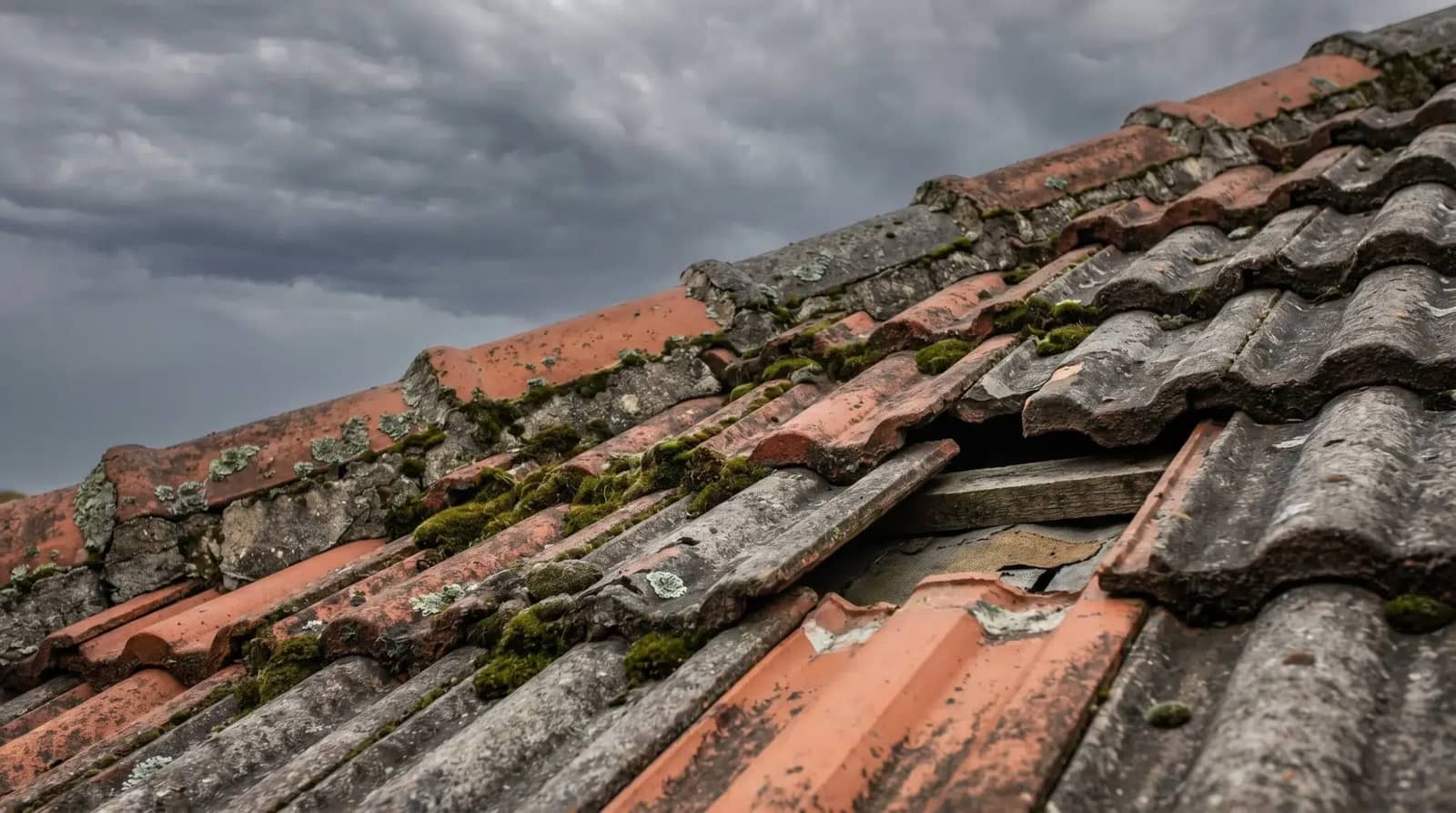 Fallen roof tiles and debris on the ground after storm damage