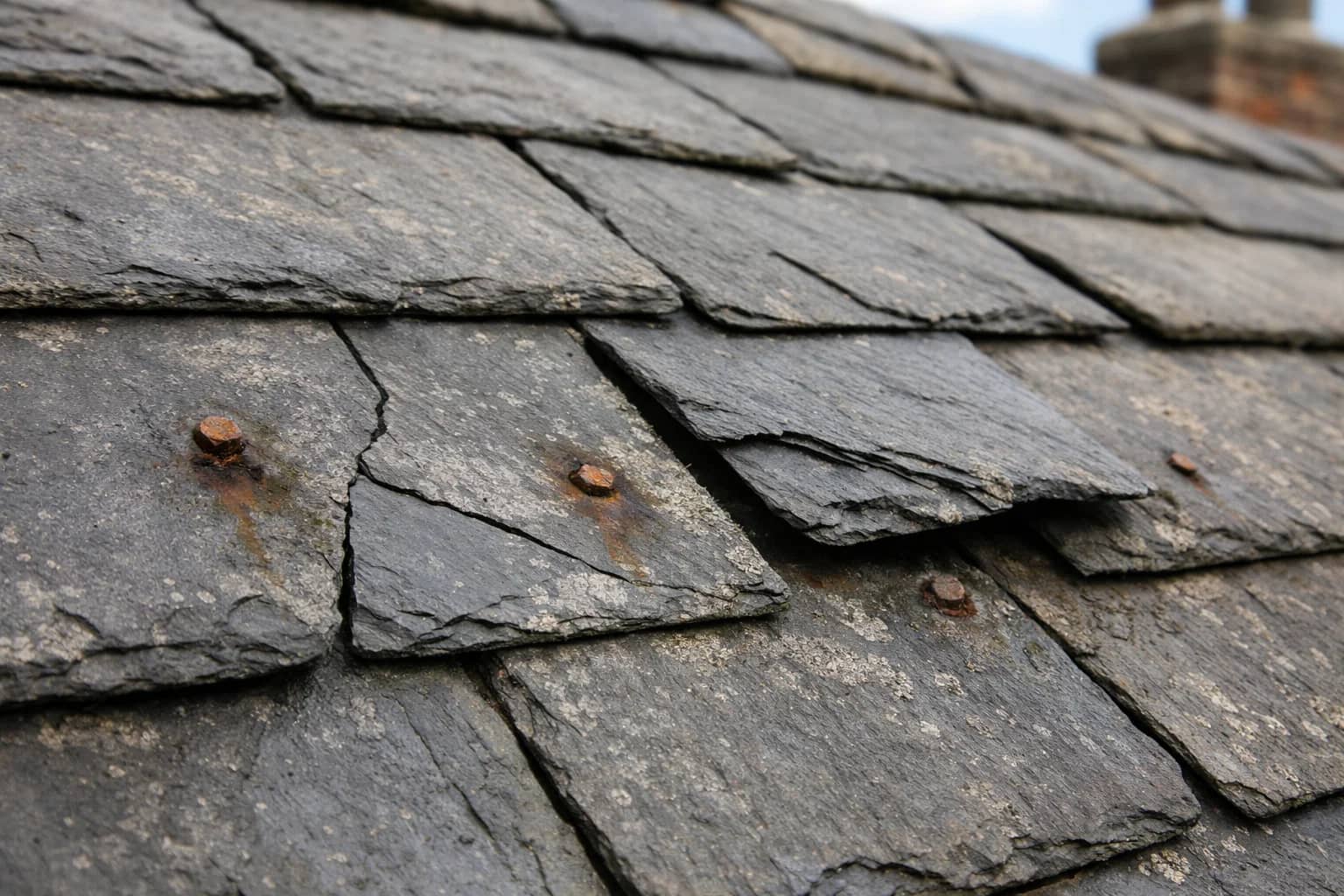 Broken and missing slates on a roof after storm damage