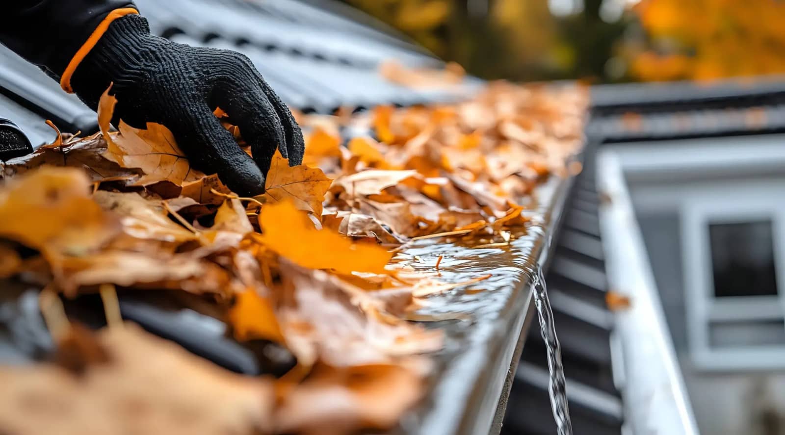 Clearing leaves and debris from a house gutter