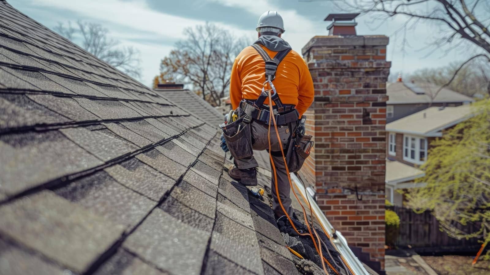 Roofer in safety gear working on a residential roof with a brick chimney