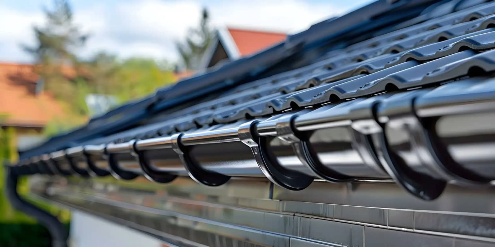 Black downpipe and gutter installation on a tiled roof