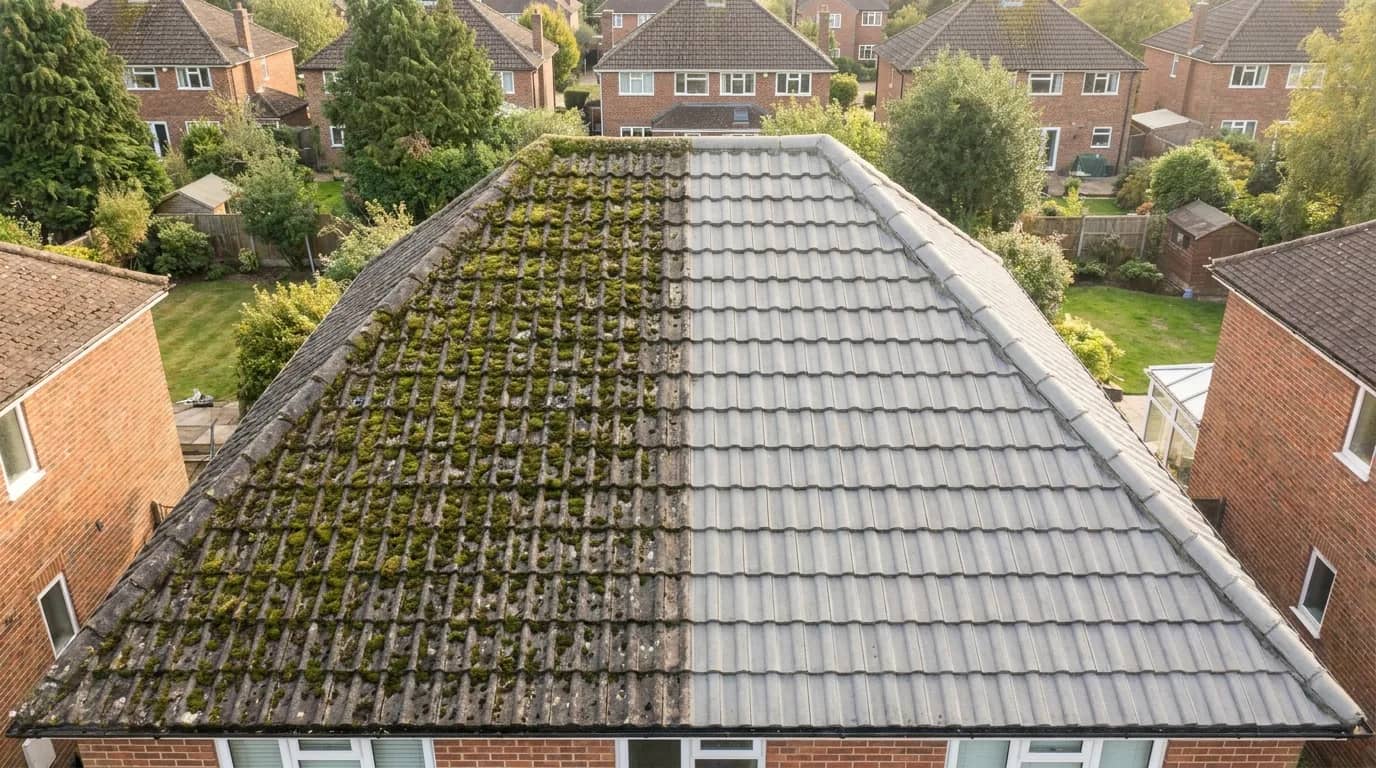 Softwash roof cleaning in progress on a pitched tiled roof
